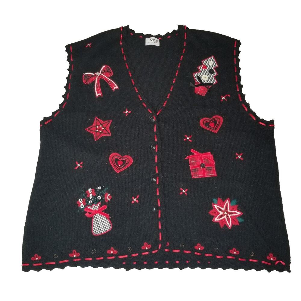 Vintage KORET Christmas Sweater Vest Black Red XL Tree Bows Stars Poinsettia